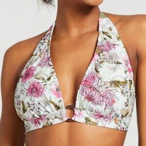 NEW NWT MOSSIMO Ring Halter Triangle Bikini Top Green Pink White Floral JRS ? XL